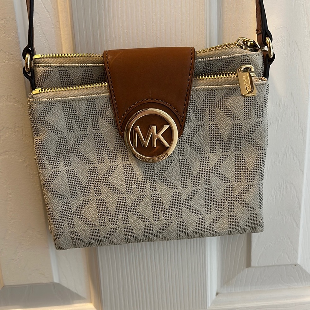 Michael Kors Cream and Brown Crossbody Bag with Leather Trim